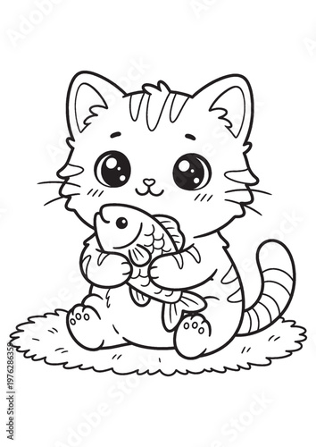 Cute Cat and Fish Illustration: Adorable cartoon kitten clutches a freshly caught fish, presenting an endearing display. Perfect for children's projects, evoking joy and simplicity.