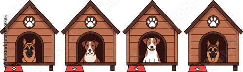 Cute Dog House Set with German Shepherd, Jack Russell, and Beagle Dogs in Wooden Kennels for Animal Illustrations