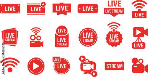 Live stream red vector badge collection for online broadcasting video content and digital marketing.