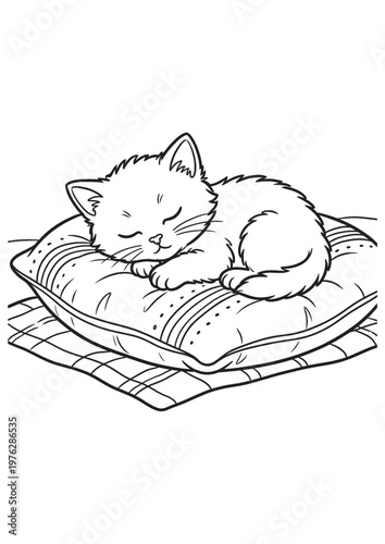 Cozy Kitten Naptime: A serene illustration showcases a kitten sound asleep on a soft pillow, evoking a sense of calm and peacefulness. 