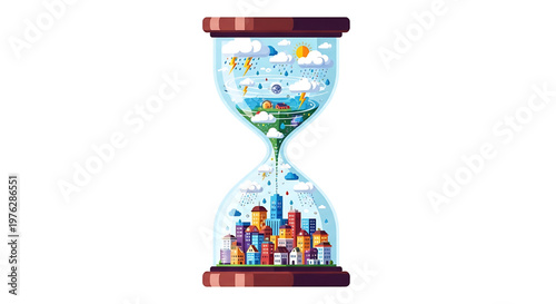 A colorful illustration of an hourglass with a cityscape and sky inside, symbolizing the passage of time.