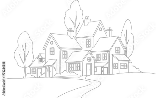 A serene sketch of a traditional suburban home with a winding driveway Vector