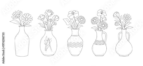 Five line vases with assorted flowers and decorative patterns bouquet floral outline