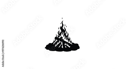 Black silhouette of a roaring campfire with logs flames and embers silhouette