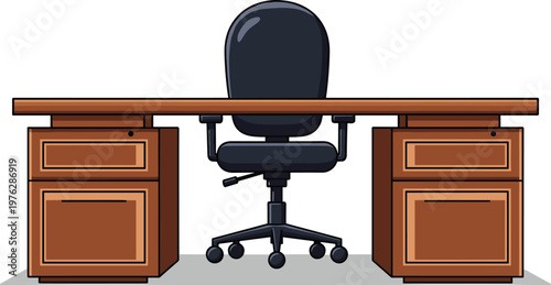 Office desk with drawers and a swivel chair in modern workspace setting, administrative furniture.