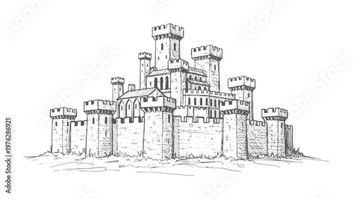 Of a medieval castle with multiple towers and battlements architecture fortress