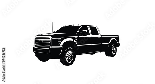 Detailed black silhouette of a large pickup truck side view silhouette