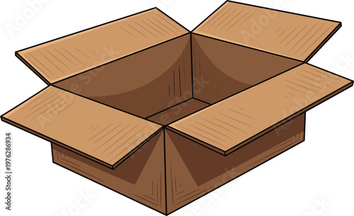 Open cardboard box illustration hand drawn style package container empty for shipping product delivery.
