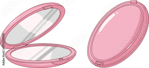 Open pink compact makeup mirror with powder puff and closed mirror on transparent background.