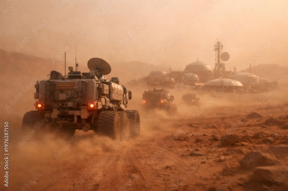 Fototapeta premium Robotic rovers traverse the dusty, rugged terrain of a simulated Mars colony, with futuristic domed habitats and communication towers visible in the distant haze