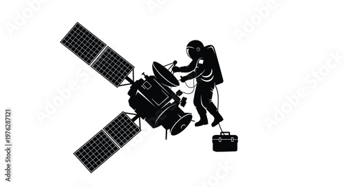 Astronaut repairs a satellite in space detailed black silhouette high quality