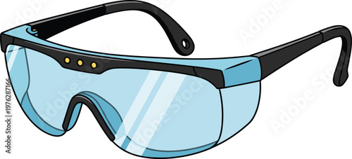 Pair of blue safety glasses with black frames and clear lenses, protecting eyes in a workshop or laboratory setting.
