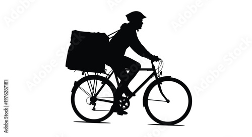 A delivery cyclist with a large bag rides a bicycle silhouette