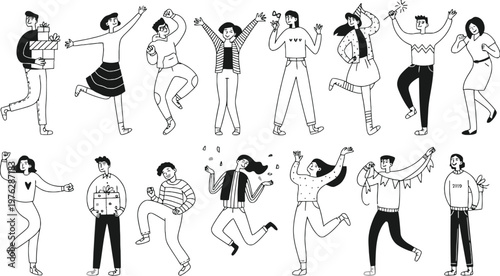 A group of people dancing and having fun in a lively illustration