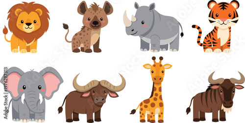 Cute safari animal cartoon set including lion hyena rhinoceros tiger elephant buffalo giraffe and wildebeest colorful vector illustration collection