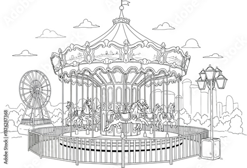 Classic carousel with vintage amusement park charm and decorative lighting fixtures Vector