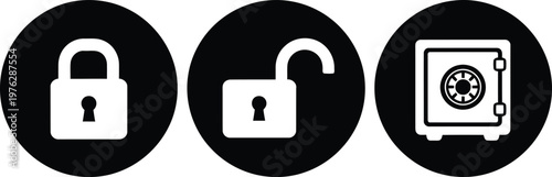 Security icons set with locked padlock, unlocked padlock, and safe in black circular design for digital protection concepts