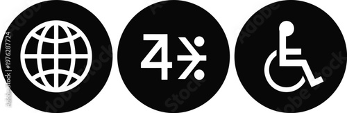 Universal Accessibility Icons Set – Globe, Language, and Wheelchair Symbols on Black Circles for Inclusive Design