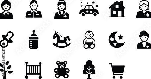 Black and white baby care and parenting including people, toys, and
