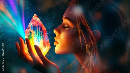 Dreamer holds a glowing crystal that emits vibrant lights in a mystical atmosphere