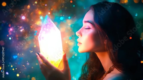 Dreamer holds a glowing crystal that emits vibrant lights in a mystical atmosphere