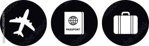 Travel Icons Set with Airplane, Passport, and Suitcase in Black Circle Silhouette Style