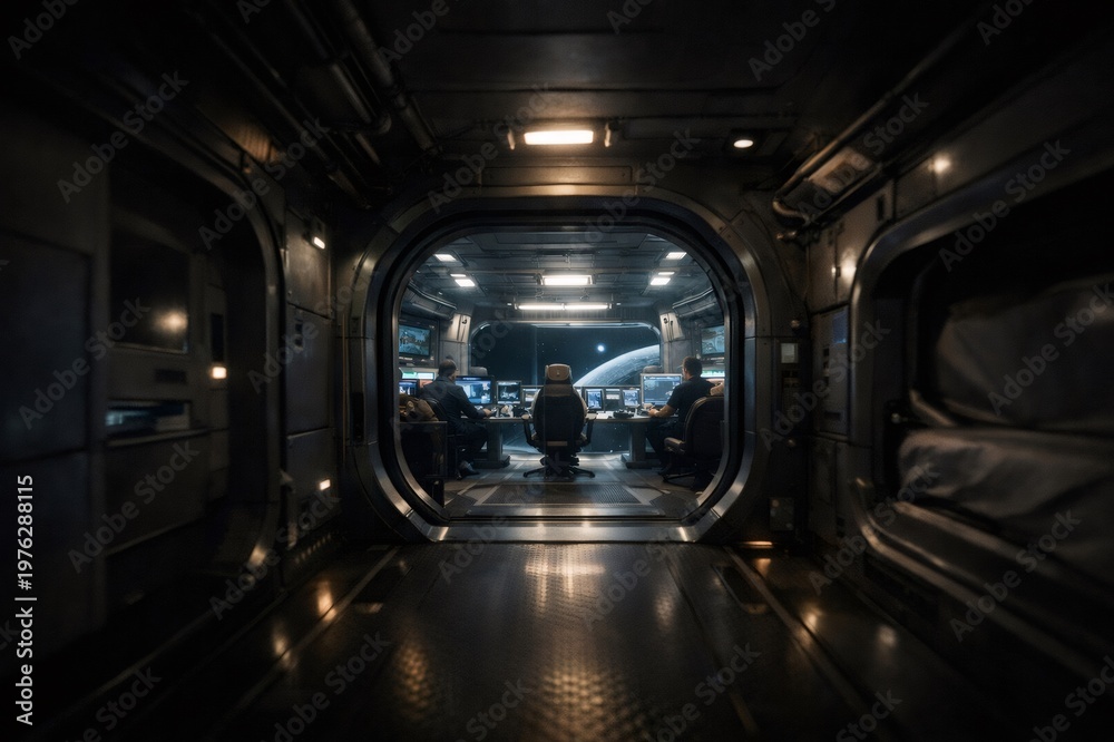 Fototapeta premium Interior corridor leading into a futuristic control room where three crew members monitor screens and a distant planet, emphasizing space exploration and advanced technology