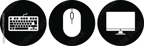 Black and White Computer Keyboard Mouse Monitor Icons Set for Technology and Office Design