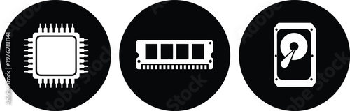 Black and White Computer Hardware Icons Set Featuring CPU, RAM, and Hard Drive Symbols