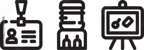 Id card, water cooler, and presentation board icons in outline style