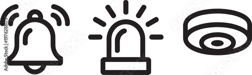Emergency alarm icon set with ringing bell, siren light and smoke detector in minimalist line art