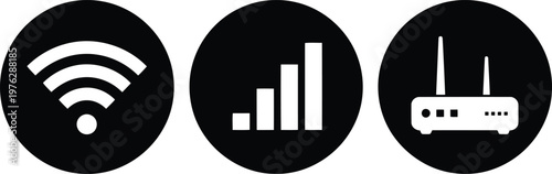 Black and White Wireless Internet Icons Set with WiFi Signal Router and Network Symbols Vector