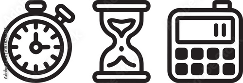Sand timer icon set with counting down, black and white, and time in outline style