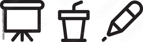 Presentation screen, takeaway beverage cup with straw, and pencil line icons in minimalist style