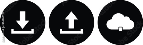 Black Circular Download Upload Cloud Storage Icons Set for Web and App Interface