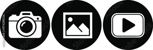 Black and White Camera, Image, and Video Icon Set for Multimedia and Digital Content Applications