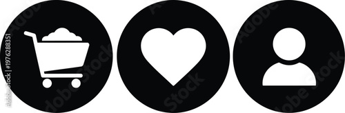 Black Circle Shopping Cart Heart User Icon Set for E-commerce and Web Interface Design
