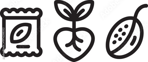 Seed packet, sprout, and fruit icon set in outline style for growth and leaf