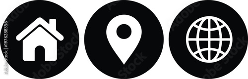Black Circular Home, Location, and Globe Icons for Web and Mobile User Interface Design