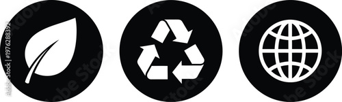 Eco-friendly icons set with leaf, recycling symbol, and globe in black circular design for sustainability concepts