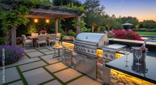 A luxurious outdoor kitchen and dining area with a grill and patio set in a beautifully landscaped garden at dusk