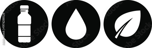 Eco-friendly black and white icons set with bottle, water drop, and leaf for sustainability concepts
