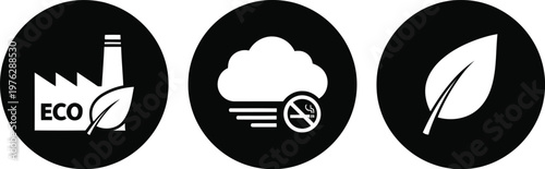 Eco-friendly industrial icons set with leaf, clean air, and sustainable factory symbols in black circles
