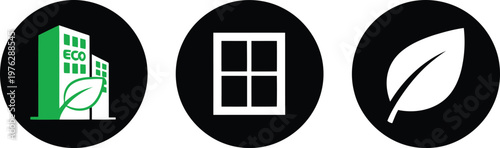 Eco Friendly Building Icons Set with Leaf, Window, and Sustainability Symbols on Black Circles