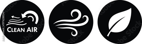 Clean Air and Eco Friendly Icons Set – Black Circular Symbols for Air Purification and Sustainability