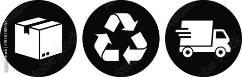 Black and white icons set of shipping box, recycling symbol, and delivery truck for logistics and eco packaging