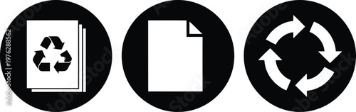Black Circular Recycling and Paper Icons Set for Eco-Friendly and Sustainability Concepts