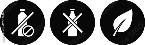 Eco-friendly icons set with no plastic bottle, no glass bottle, and green leaf symbol in black circles