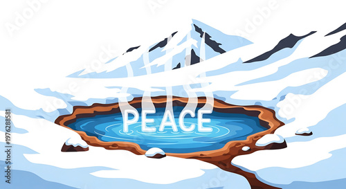 A serene vector illustration of a peaceful hot spring surrounded by snow and mountains with the words 'Find Peace' superimposed over it