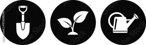 Black and White Gardening Icons Set with Shovel, Seedling, and Watering Can in Circular Design